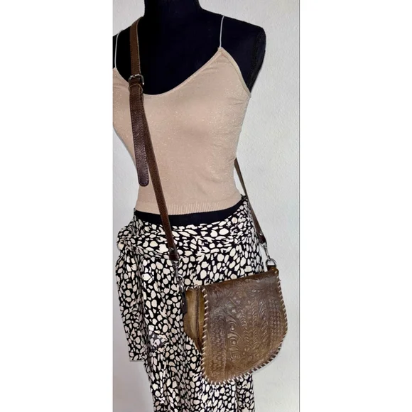 RARE Patricia Nash Boho Western Saddle Bag- Hand Tooled Floral Italian Leather